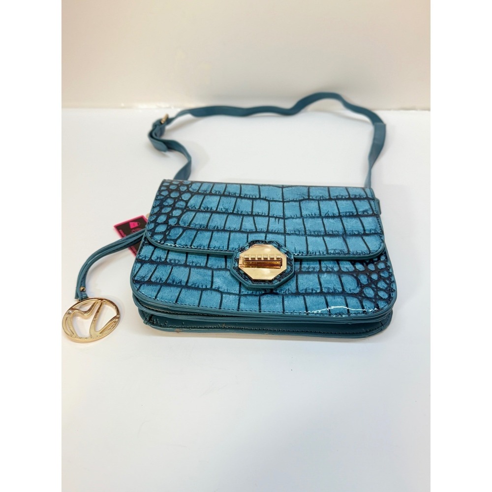 Purse Temptations Teal Blue Croc Embossed Crossbody Bag Gold Hardware Turn Lock
